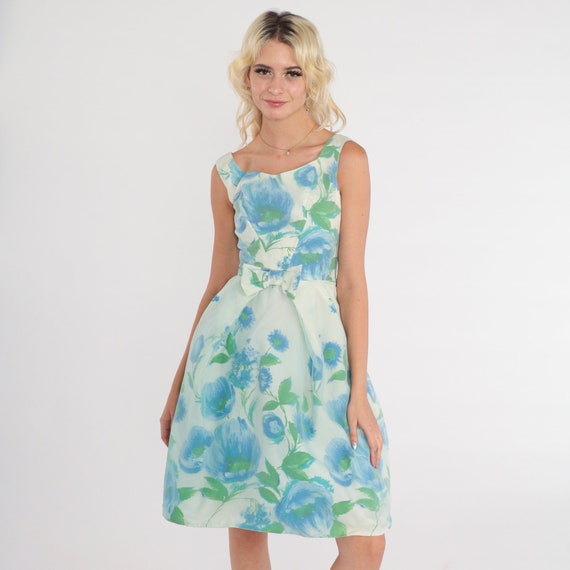 60s Party Dress White Floral Mini Dress 1960s Blue Cocktail Dress Flower Print Formal Prom Dress Bow Vintage Sleeveless Mad Men 2xs xxs