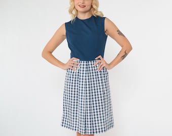 1960s Gingham Dress Dress Mini Dark Blue Cottagecore Party Vintage 60s Sleeveless Checkered Pleated Sixties High Waisted Extra small xs