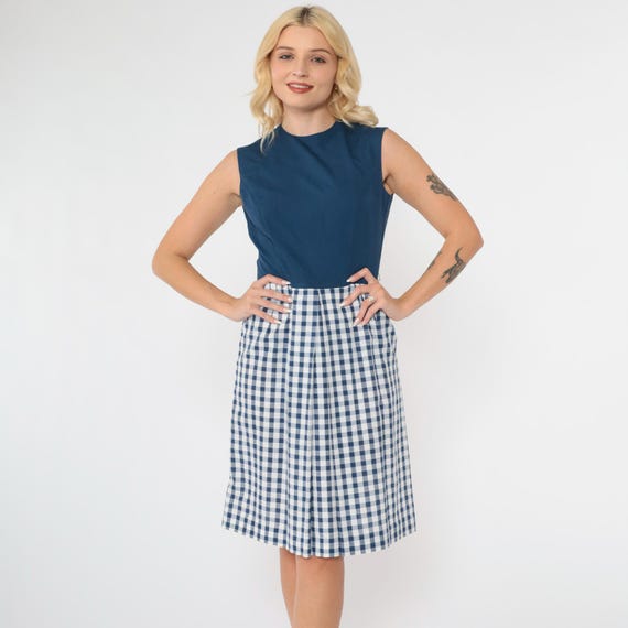 1960s Gingham Dress Dress Mini Dark Blue Cottagecore Party Vintage 60s Sleeveless Checkered Pleated Sixties High Waisted Extra small xs