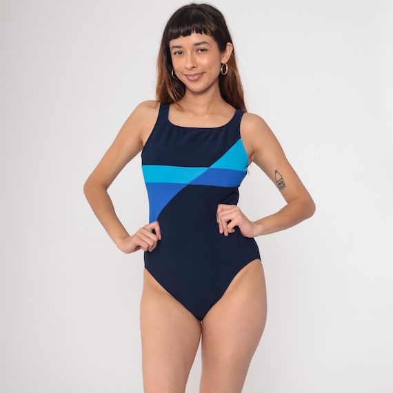 90s Color Block Bathing Suit Tonal Navy Blue Striped One Piece Swim Suit Swimsuit Low Back Vintage 1990s Retro Medium