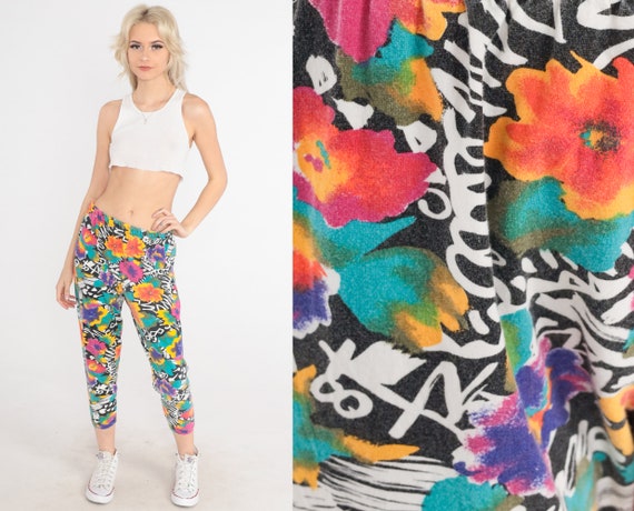 90s Leggings Tropical Floral Cropped Pants High Waisted Retro Loud