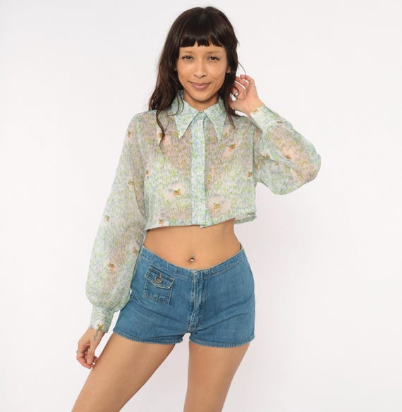70s Sheer Cropped Scenic Blouse Green Blue Pastoral Button Front Puff Sleeve Cottagecore Fairy Top Landscape House Vintage Small Medium S M