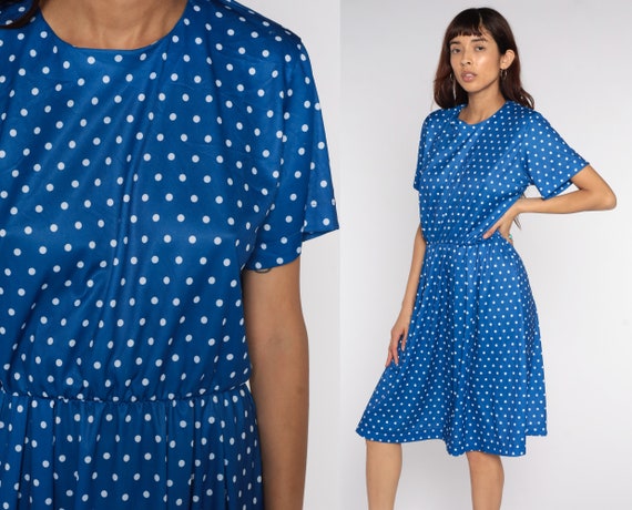 Polka DOT Dress Y2K Blue Dress High Waisted Blouson Midi Short Sleeve 00s Vintage Flared Day Dress Patterned Dress Large L