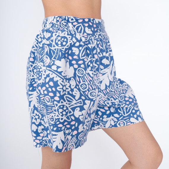 90s Shorts Abstract Leaf Sun Flower Print Baggy Pleated Shorts Boho High Waist Wide Leg Floral Summer Blue White Cotton 1990s Vintage Large