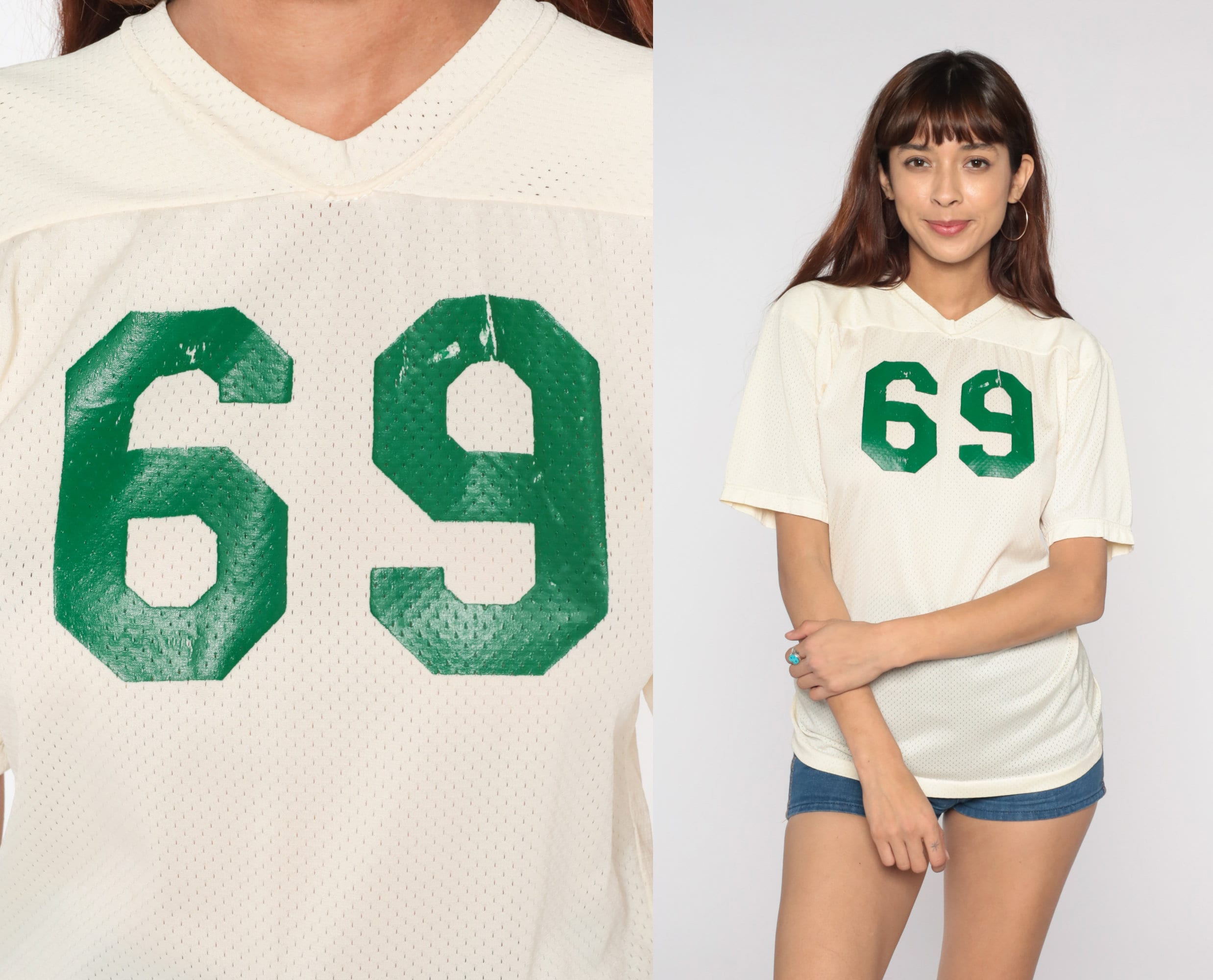 80s Football Shirt 69 Numbered Shirt Cream Mesh Sports Tshirt 