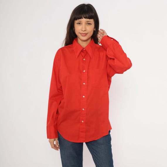 70s Red Shirt Cotton Pointed Collar Long Sleeve Crimson Blouse Chest Pocket Scarlet Top Tomato Girl Vintage Disco Summer Unisex Medium M