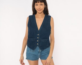 Jaren 80 Omkeerbaar Denim Vest Van Heusen Vest Met Knopen Voorkant Marineblauw Jean Mouwloze Top Rode Paisley Achterkant Katoen Zak Vintage Kleine S