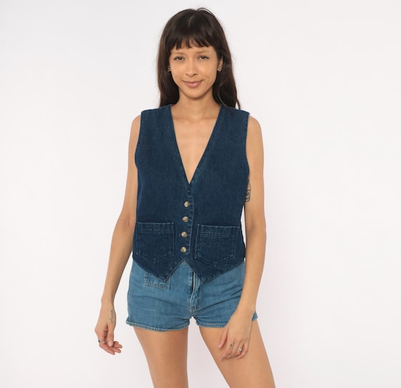 80s Reversible Denim Vest Van Heusen Button Front Waistcoat Navy Blue Jean Sleeveless Top Red Paisley Back Cotton Pocket Vintage Small S