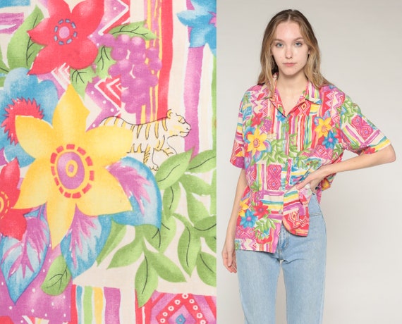 Tropical Blouse 90s Bright Floral Tiger Palm Tree Fish Print Top Button Up Shirt Collared Short Sleeve Statement Vintage 1990s Medium