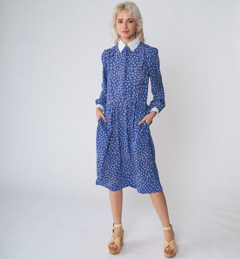 80s Secretary Dress Blue Collared Midi Dress Puff Sleeve White Ditsy Dot Abstract Stick Print High Waisted Long Sleeve Vintage 1980s Small S image 3