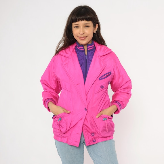 Hot Pink Windbreaker 90s Double Breasted Nylon Jacket Purple Lined Coat Striped Ribbed Layered Collar Fuchsia Magenta Bomber Extra Small XS