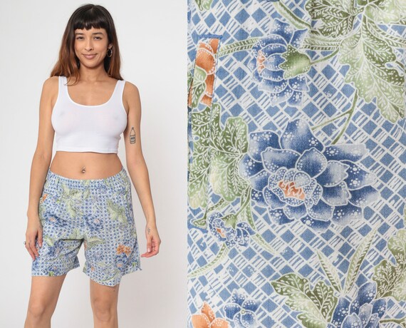Floral Batik Shorts Beach Shorts 90s Lizwear Shorts Blue Cotton Summer High Waisted Retro Vintage 1990s Hipster Small Medium