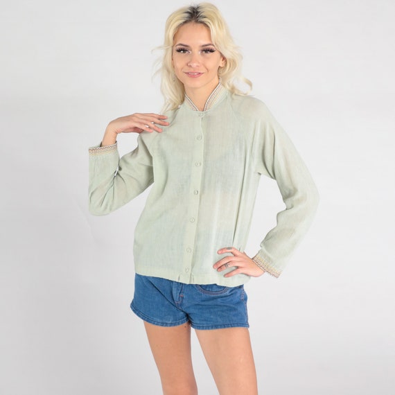 70s Sage Shirt Pale Green Semi-Sheer Long Raglan Sleeve Shirt Embroidered Button Up Blouse Boho Hippie Shirt Plain Shirt Vintage Small