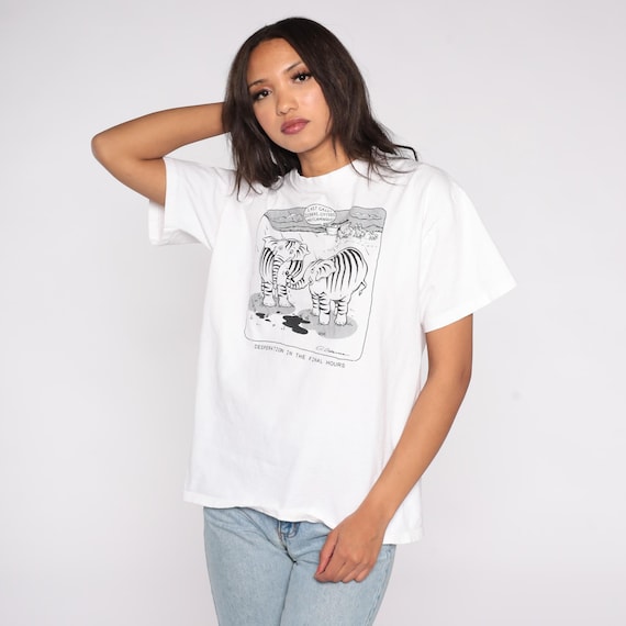 80s Noah's Ark Elephant Zebra Comic T-Shirt Vintage Humor Graphic Tee "Last Call Zebras Otters Flamingos" Funny Cartoon Animal Large L