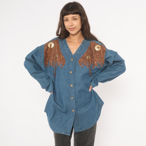 Western Leopard Denim Shirt 80s Studded V Neck Cotton Jean Blouse Concho Fringe Animal Cheetah Rancher Blue Long Sleeve Top Vintage Large L
