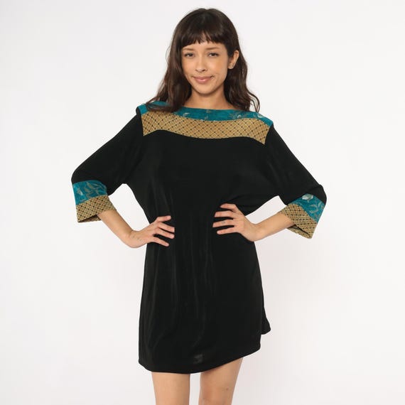 Bohemian Mini Dress 90s Black Teal Floral Trim Gold Pattern Detail Color Block Cocktail Party Evening Vintage Hippie Grunge Alt Large L