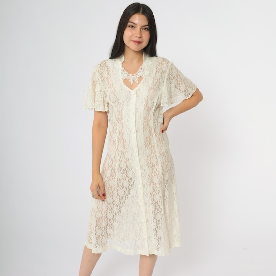 90s Lace Dress Dawn Joy Fashions White Cream Nylon Rayon Vintage