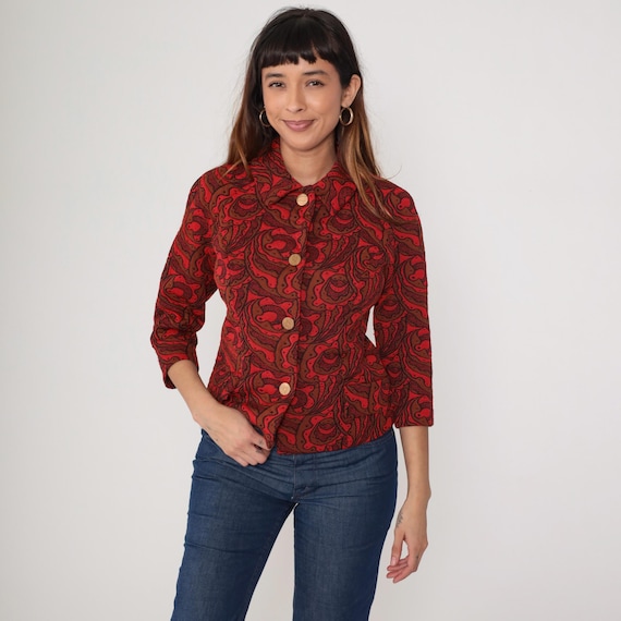Paisley Print Jacket 70s Red Brown Button Front Long Sleeve Vintage Boho Hippie Psychedelic Groovy  Festival Statement Medium M