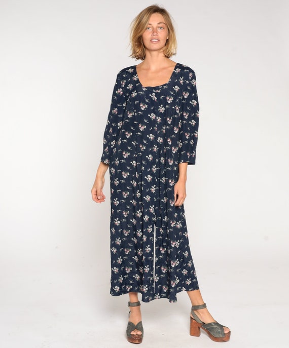 90s Floral Jumpsuit Navy Blue Wide Leg Pantsuit Long Sleeve Retro Flower Print Romper Dress Pants Flowy Vintage 1990s Extra Large xl 16w