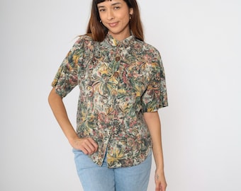 Vintage tropisk djungelblus 90-tals abstrakt knäppt skjorta grön gul rosa botaniskt lövtryck topp sommar kortärmad boho 1990-tal stor