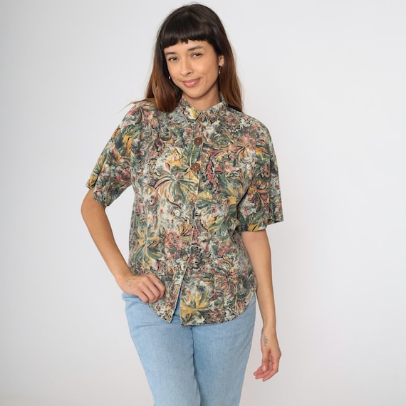 Vintage Tropical Jungle Blouse 90s Abstract Button up Shirt Green Yellow Pink Botanical Leaf Print Top Summer Short Sleeve Boho 1990s Large