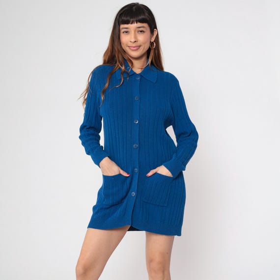 Blue Ribbed Cardigan 80s Collar Long Sleeve Pockets Andrea Jovine Preppy Dark Academia Vintage Knit Jacket Duster Coat Cobalt Royal Large L