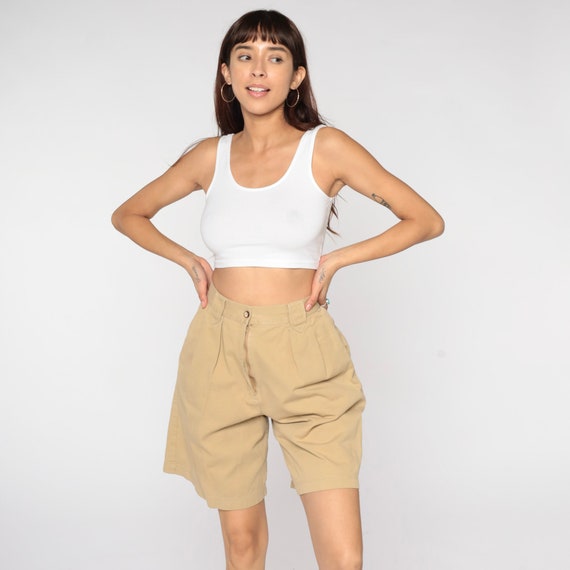 90s Khaki Shorts Pleated Trouser Shorts Tan Retro Wide Leg Shorts Baggy High Waisted Bermuda Shorts Summer Basic Vintage 1990s Small