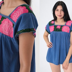Embroidered Floral Blouse 90s Blue Mexican Tunic Top Peasant Hippie Cap Sleeve Boho Tent Shirt Flower Embroidery Vintage 1990s Small