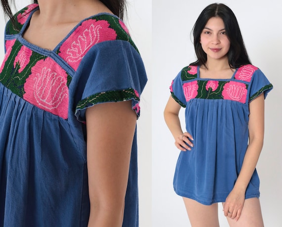 Embroidered Floral Blouse 90s Blue Mexican Tunic Top Peasant Hippie Cap Sleeve Boho Tent Shirt Flower Embroidery Vintage 1990s Small
