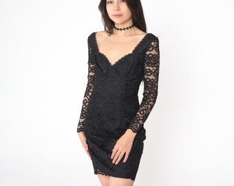 Czarna koronkowa sukienka z lat 90. Mini z przezroczystym rękawem BODYCON Gothic Party z długim rękawem 1990. Body Con Goth Gorset Obcisła sukienka mini na wyjście S