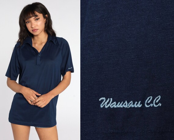 Uniform Shirt 70s Wausau Country Club Shirt Schofield Wisconsin Shirt Polo Half Button Up Shirt 1970s Vintage Retro Navy Blue Men's Large L
