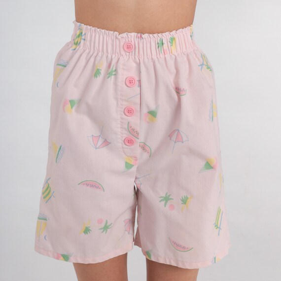 Beach Shorts 80s 90s Pastel Pink Shorts High Waisted Wide Leg Watermelon Palm Tree Sailboat Print Elastic Waist Button Vintage 1990s 2xs xxs