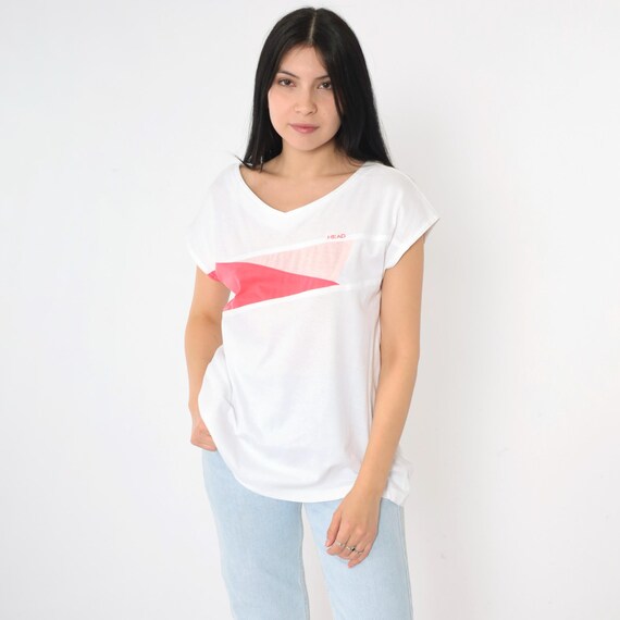 Vintage 80s Head Tennis T-Shirt White Color Block Striped Tee Shirt V Neck Top Retro Casual Sporty Short Sleeve Pink 1980s Medium M