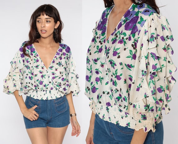 80s Floral Shirt Ruffled Long Sleeve Blouse Wrap Shirt Purple Boho Vintage V Neck Bohemian Retro Flounce Off White Semi-Sheer Small S