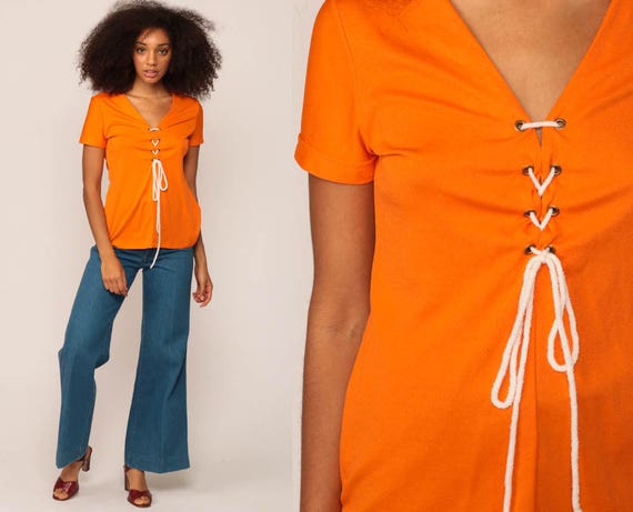 Bohemian Top CORSET Shirt Lace Up Blouse 70s Hippie Shirt Orange Festival Tshirt Boho Top 1970s V Neck Top Short Sleeve Medium