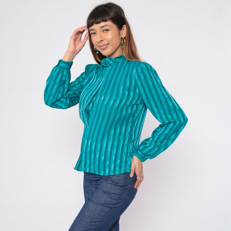 Shiny Striped Blouse 90s Teal Pleated Shirt Long Puff Sleeve Mock Neck Top Retro Secretary Mockneck Modest Chic Boho Vintage 1990s Medium M image 4