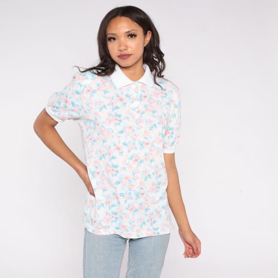 Floral Polo Shirt 90s Sportswear Pastel Pink Blue White Collar Button Up Cotton Blend Spring Summer Preppy Vintage Cottage Core Large