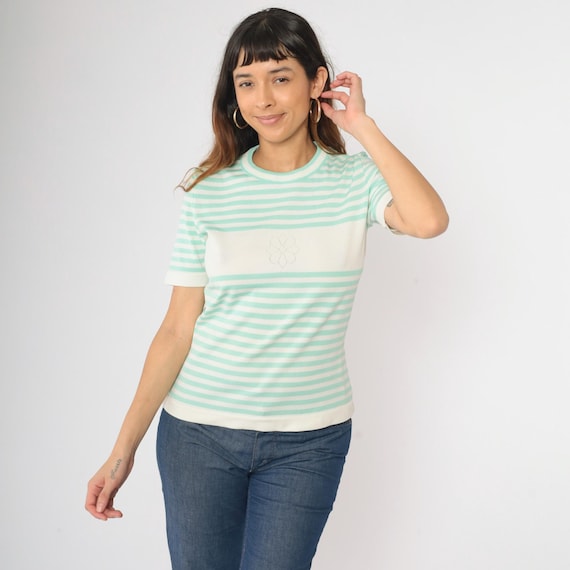 Vintage 70s Striped Knit Shirt Mint Green White Perforated Flower Short Sleeve Sweater Mod Top Spring Susan Scott 1970s Preppy Ringer Medium