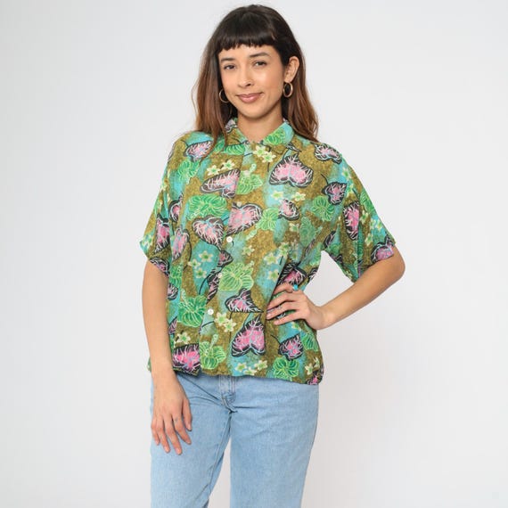 Vintage Tropical Floral Shirt Men's M - 90s Green Button Up Flower Print Surfer Vacation Short Sleeve Top Green 1990s Men's Medium
