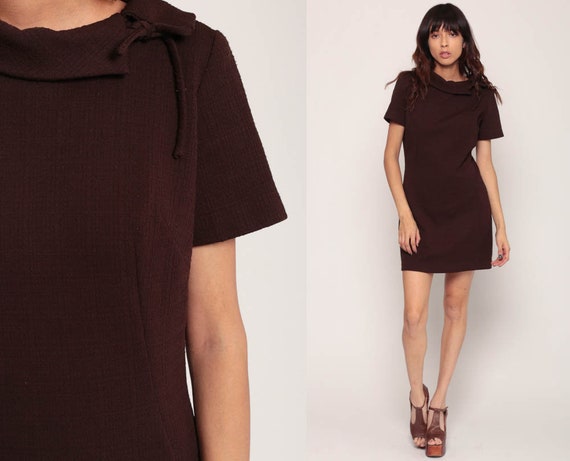 60s Shift Dress Mini Mod Brown Split Collar Mad Men Minimalist Retro 1960s Vintage Short Sleeve Gogo BOW Plain Twiggy 70s Small Medium