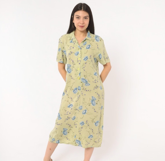 90s Floral Shirt Dress Sage Green Blue Rose Print Collar Short Sleeve Midi Cottagecore Prairie Summer Soft Grunge Vintage Womens Medium M