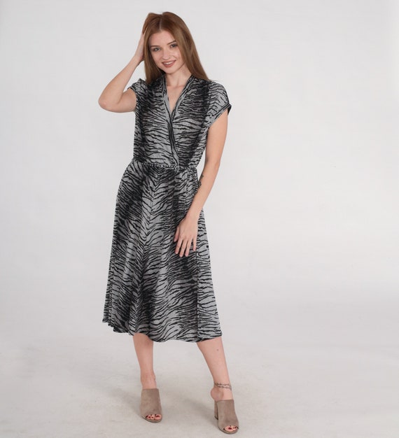 Animal Print Dress 70s Midi Dress Grey Black Tiger Print Faux Wrap Dress Cap Sleeve V Neck High Waisted Secretary Vintage 1970s Small Medium