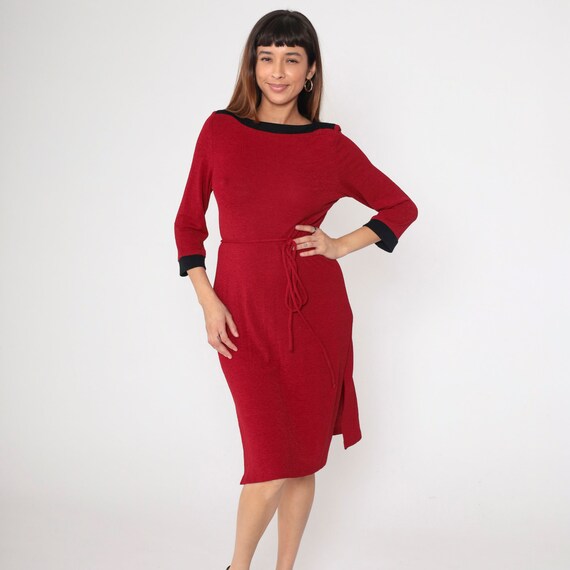 90s Red Shift Dress Three-Quarter Sleeve Boat Neck Black Trim Waist Tie Minimalist Vintage 1990s Knee Length Stretchy Knit Small Medium