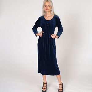 Blue Velvet Dress 90s Midi Long Sleeve Shift Pleated Velour Dress Grunge Party Button Up Dress Vintage Gothic Witch Petite Medium