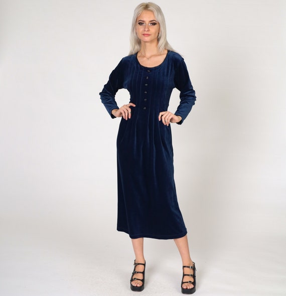 Blue Velvet Dress 90s Midi Long Sleeve Shift Pleated Velour Dress Grunge Party Button Up Dress Vintage Gothic Witch Petite Medium