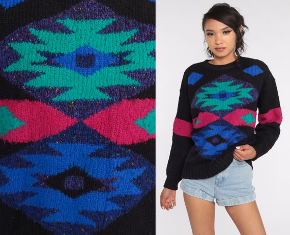 Southwestern Sweater Black Tribal Sweater Wool Blend Boho Sweater 80s Aztec Southwest Slouchy Bohemian Vintage Pullover Jumper Knit Large