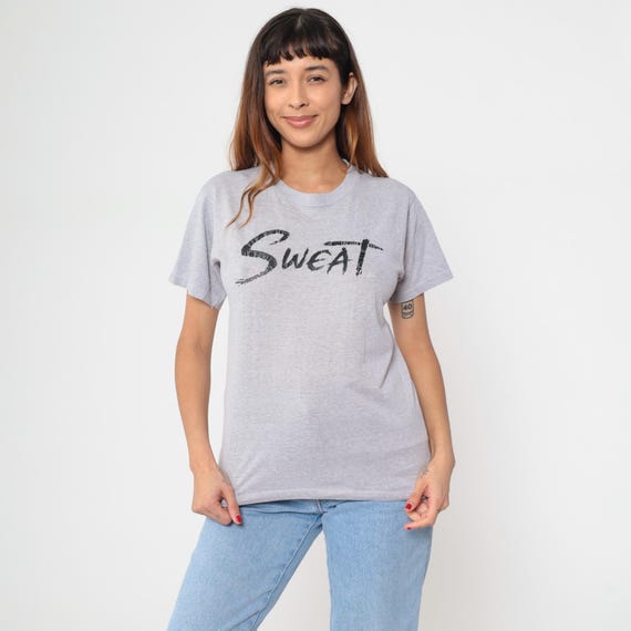 80s Gym Tee Sweat Graphic Gray Grey Vintage Workout Athletic Fitness Shirt Exercise Running Active Sportswear Top Athletic Medium M