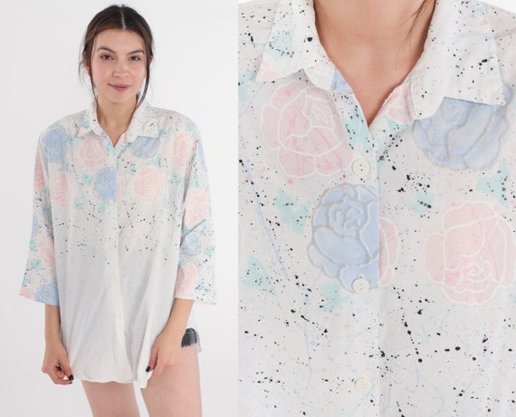 Glitter Floral Blouse 80s 90s White Button Up Shi… - image 1