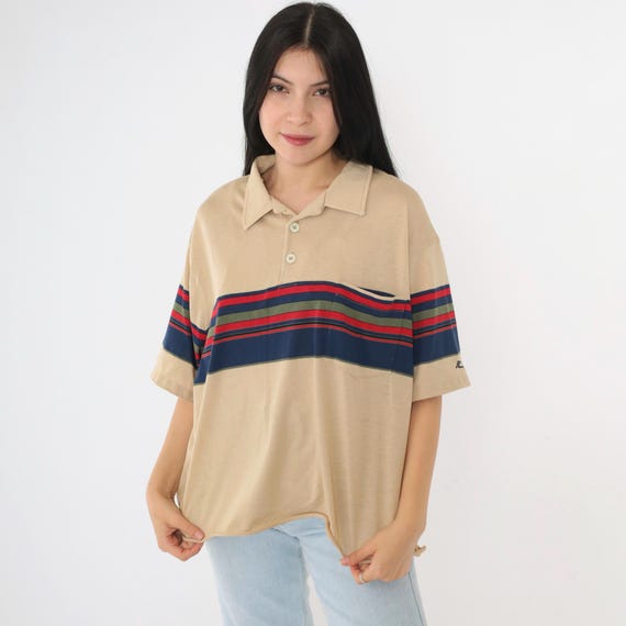 Vintage 80s Hobie Polo Shirt Tan Striped Top Surfer Quarter Button Up Retro Navy Blue Red Stranger Things 1980s Distressed Plus Size 2x xxl