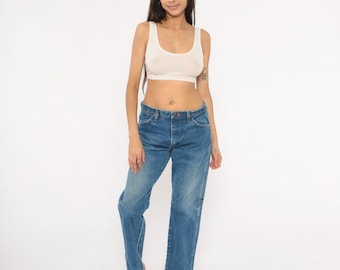 90s Wrangler Jeans Medium Wash Denim Straight Leg Cotton Western Cowboy Blue Faded Casual Relaxed Fit Vintage Trousers Pants Work Medium M